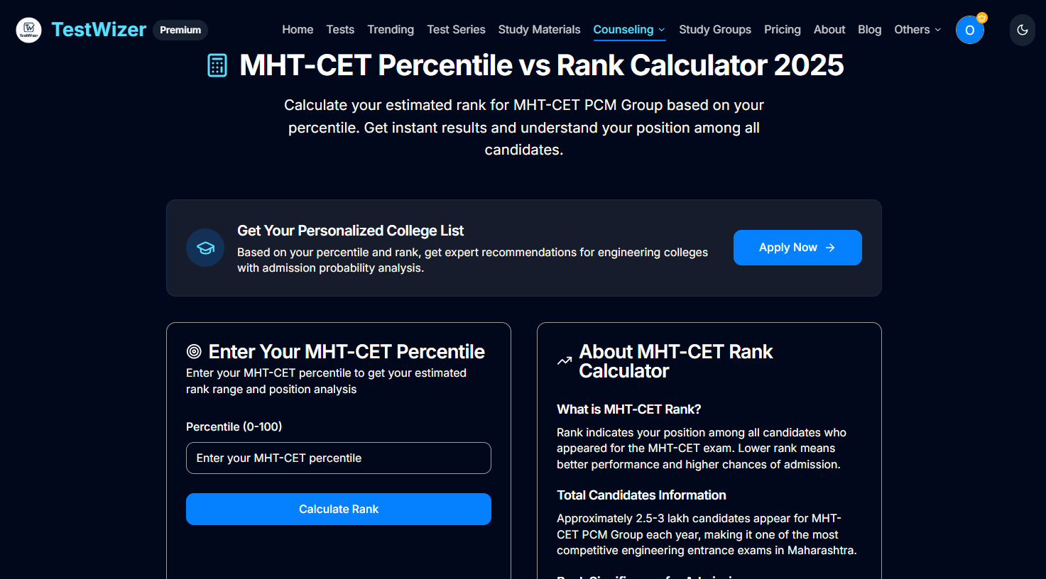 TestWizer Launches Free MHT-CET 2025 Percentile to Rank Calculator for Engineering Aspirants