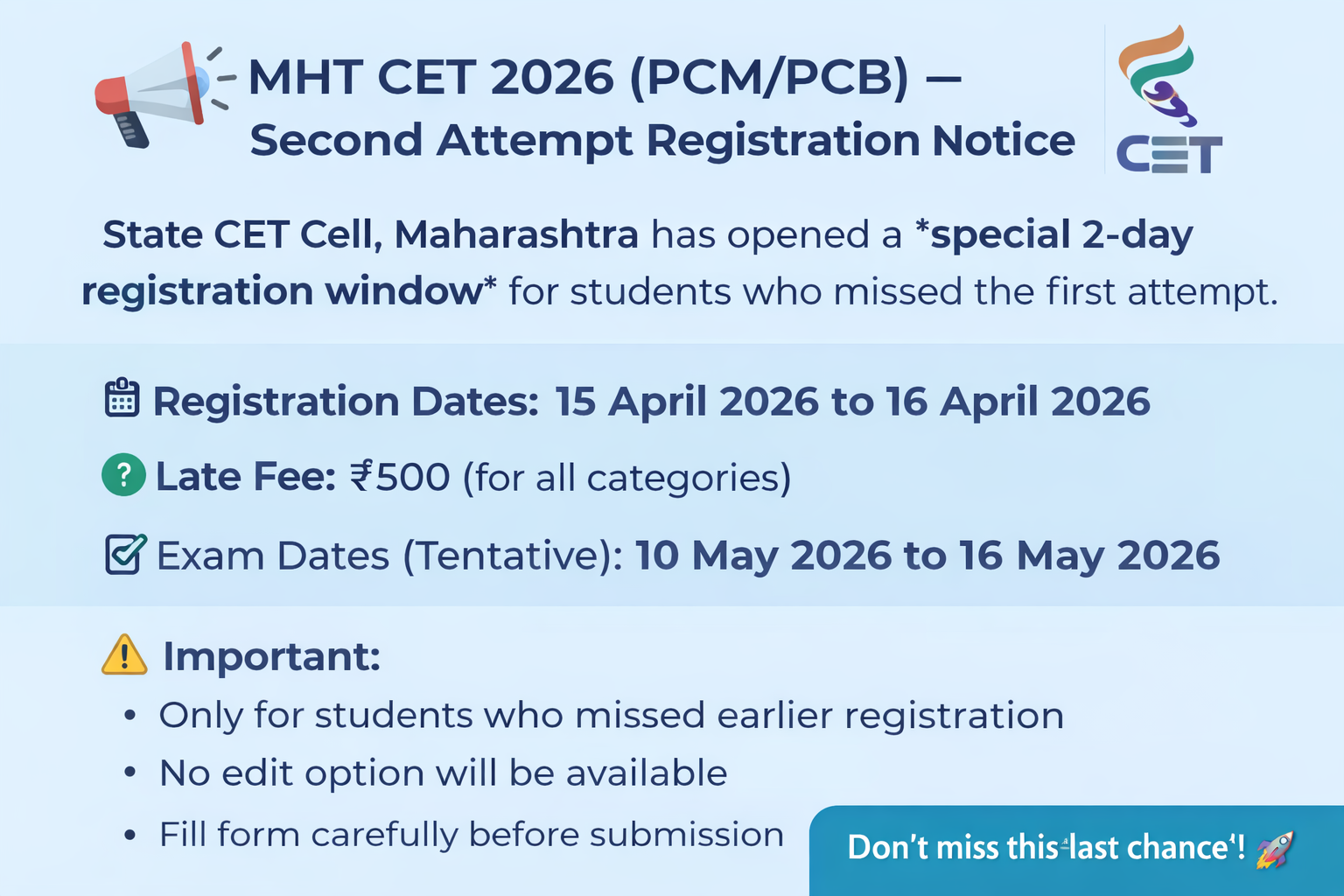 MHT CET 2026 Second Attempt: Registration Reopens for 2 Days with Late Fee