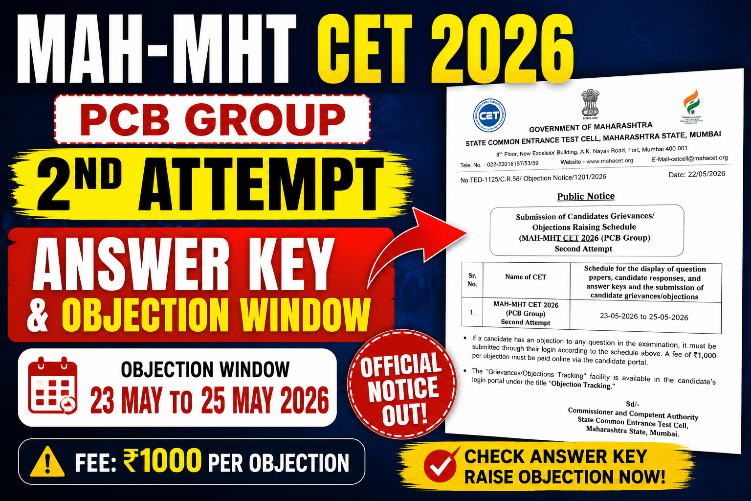 MAH-MHT CET 2026 PCB 2nd Attempt Answer Key & Objection Window Started
