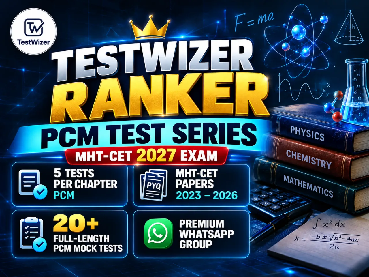  TestWizer Ranker PCM Test Series for MHT-CET 2027 | Chapter-Wise + PYQs + Full-Length Mocks