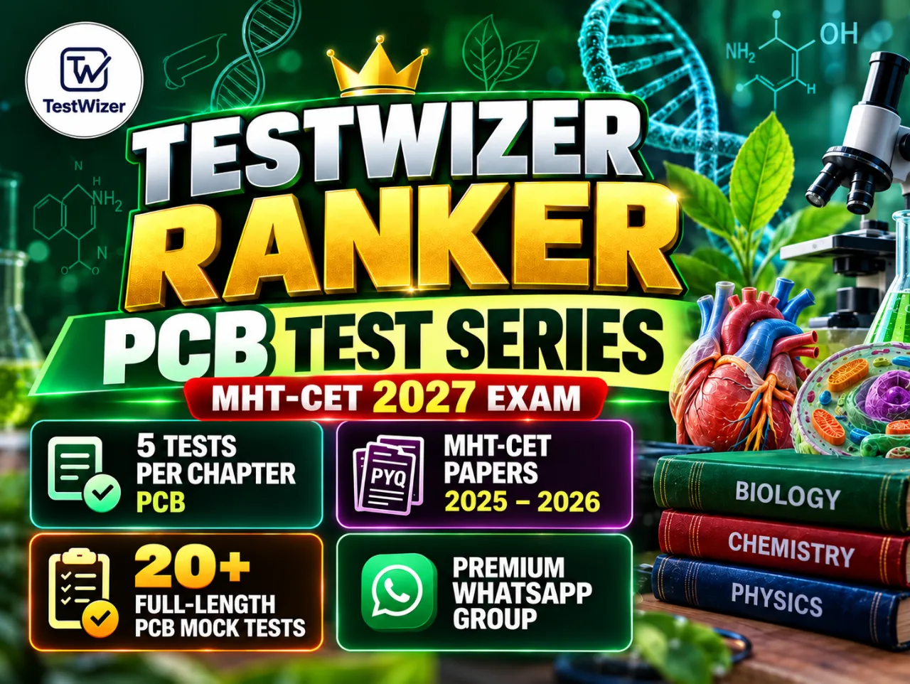  TestWizer Ranker PCB Test Series for MHT-CET 2027 | Chapter-Wise + PYQs + Full-Length Mocks
