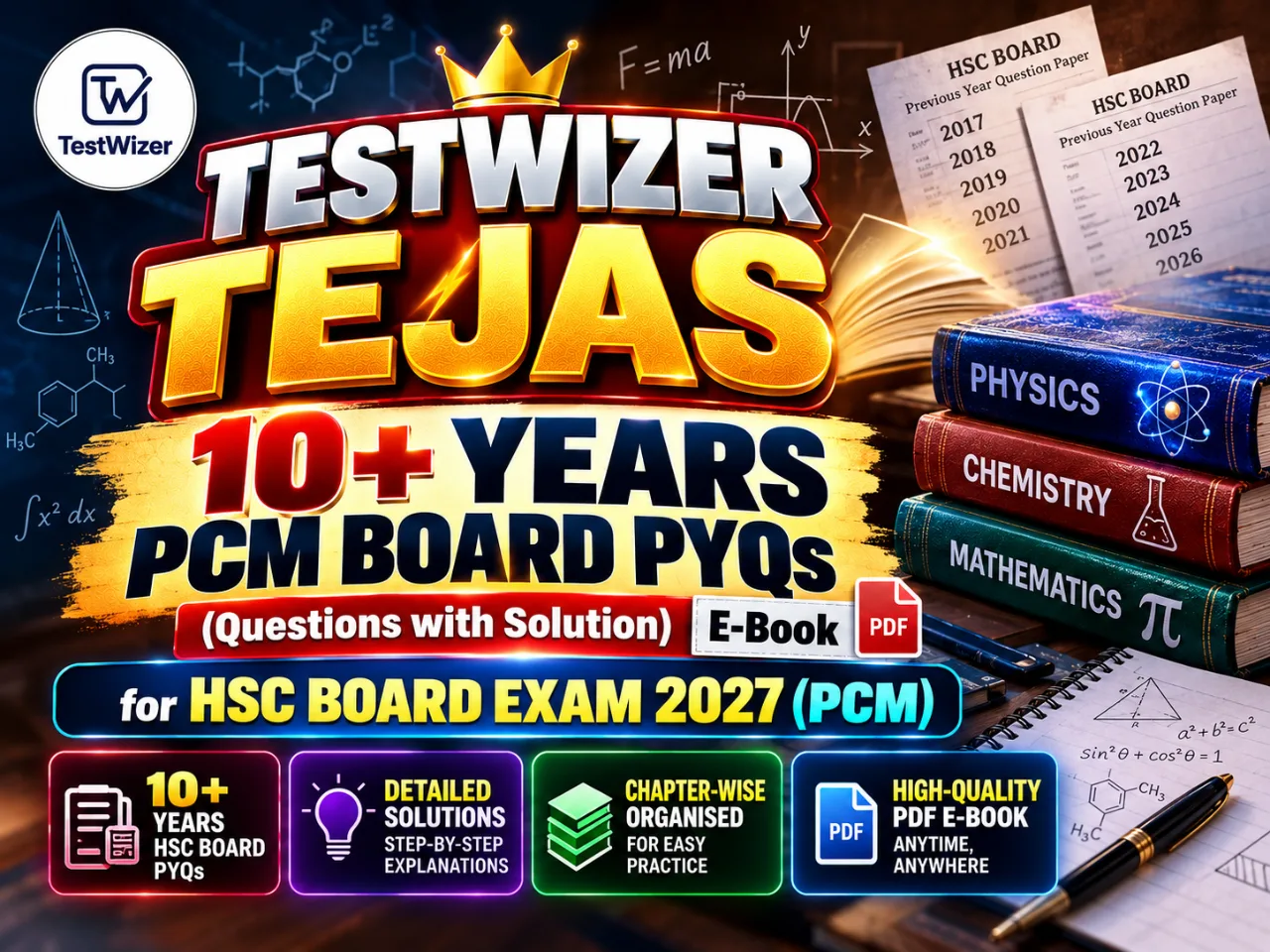 TestWizer Tejas: 10+ Years PCM Board PYQs (Questions with Solution) E-Book for HSC Board Exam 2027 (PCM)
