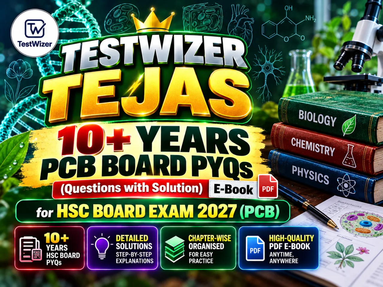 TestWizer Tejas: 10+ Years PCB Board PYQs (Questions with Solution) E-Book for HSC Board Exam 2027 (PCB)