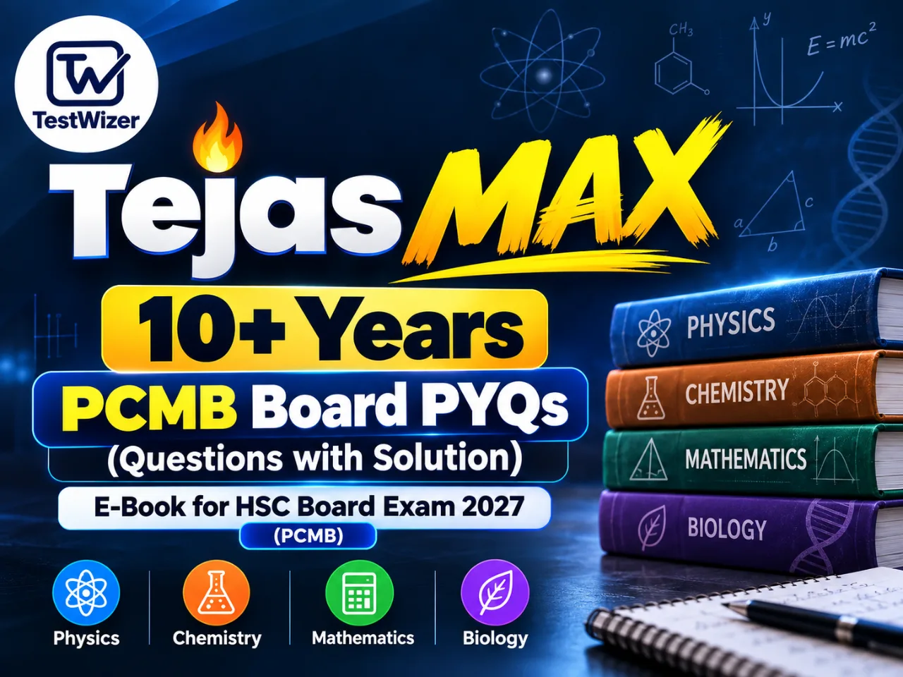 TestWizer Tejas MAX: 10+ Years PCMB Board PYQs (Questions with Solution) E-Book for HSC Board Exam 2027 (PCMB)